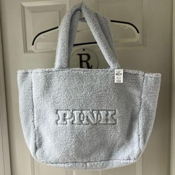 NWT Victoria's Secret PINK COZY FLEECE TOTE LIGHT BLUE Sherpa Plush Fuzzy - Picture 1 of 5